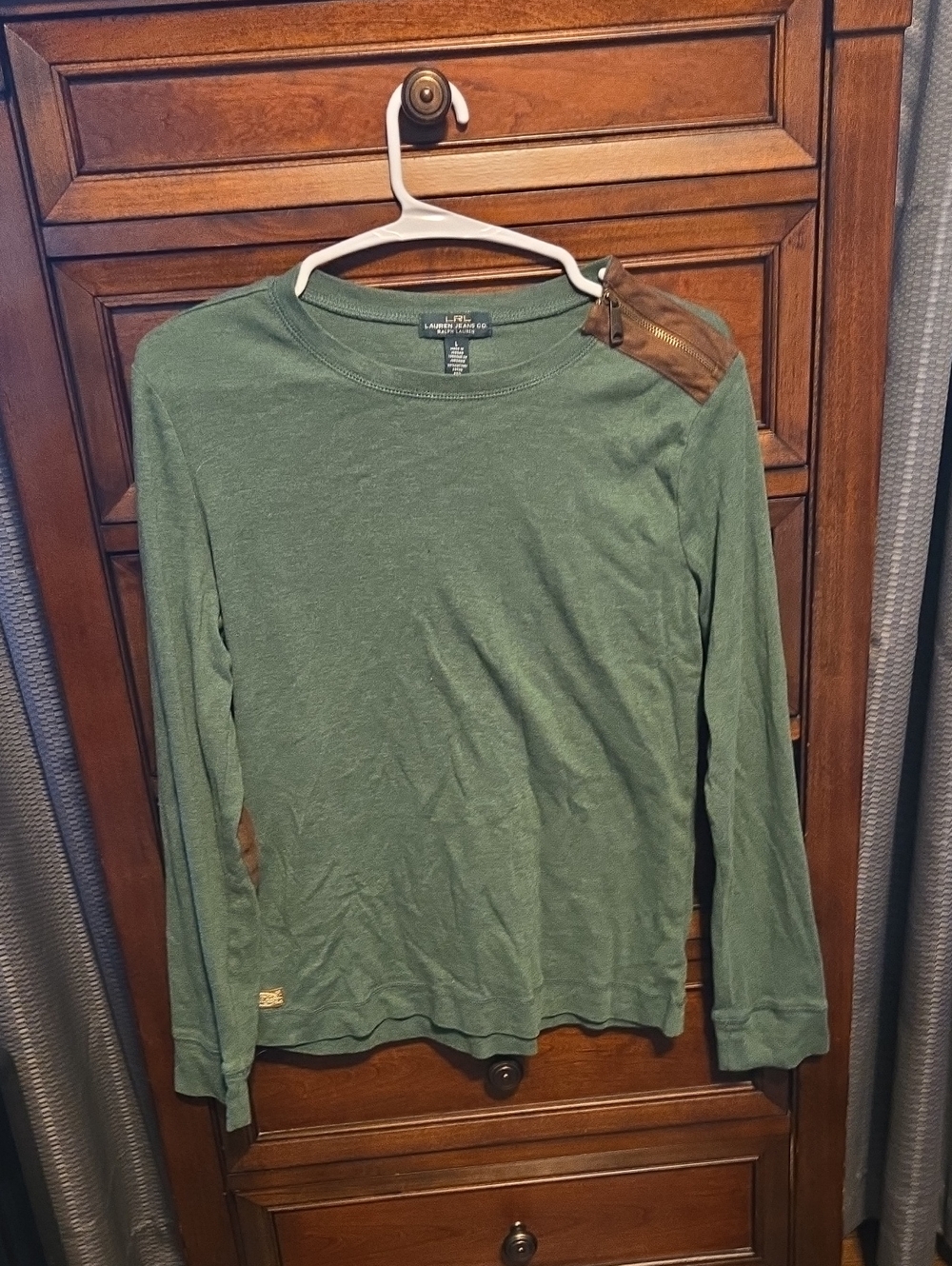 Ralph Lauren Jeans Co. Green Long Sleeve Crewneck Top with Brown Shoulder Patch